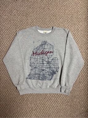 Vintage Lee Apparel Michigan Road Map Gray Crewneck Pullover Sweatshirt
